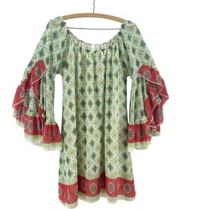 2tee Couture Bell Sleeve Dress Womens M Cream Teal Coral Boho Fairy Stevie Nicks